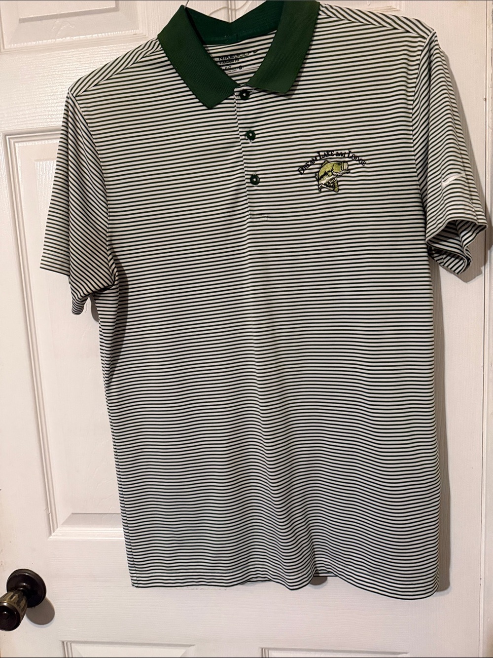 Nike Men's White & Green Striped Polo with Green Collar